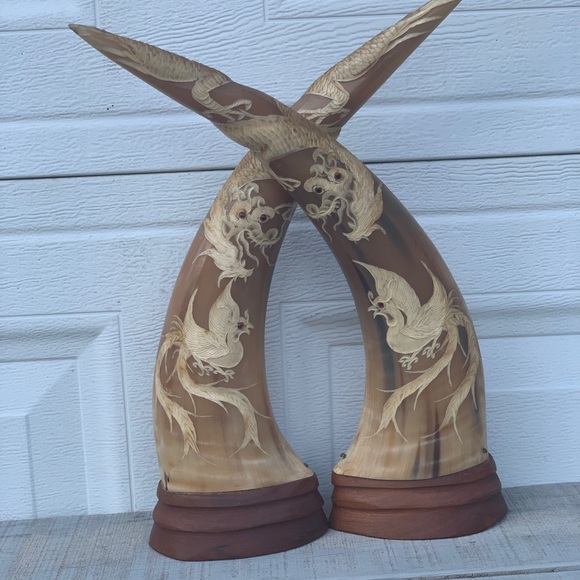 Vintage Carved Ox Horn Dragon Pair 15.5”W/Wood Base Asian Decorative Art Display - Picture 1 of 16